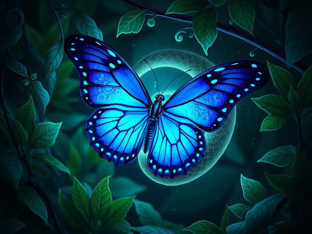 Electric Blue Butterfly Emerges in Futuristic Bioluminescenc...