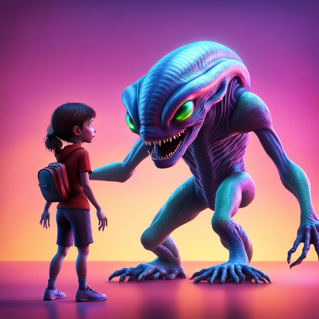 Friendly Alien Girl Playing with Monster, 3D Art