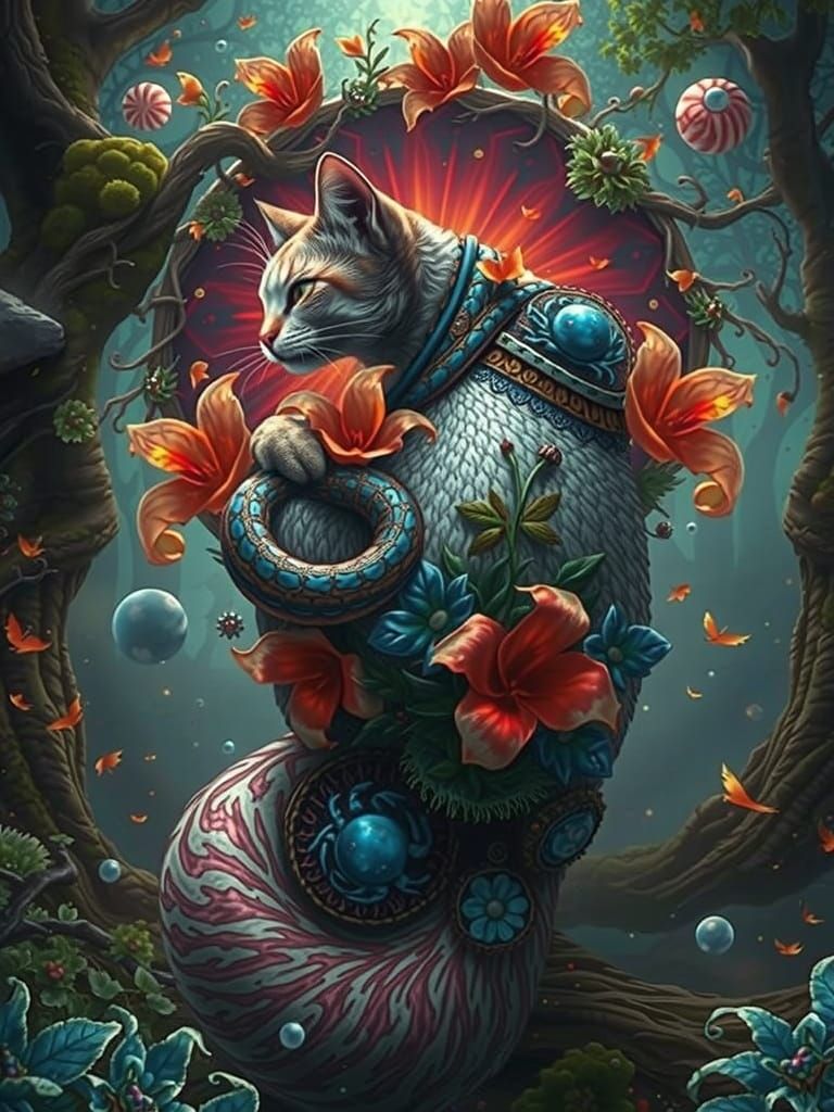 Whimsical Cat Amidst Vibrant Forest Foliage in Ethereal Land...