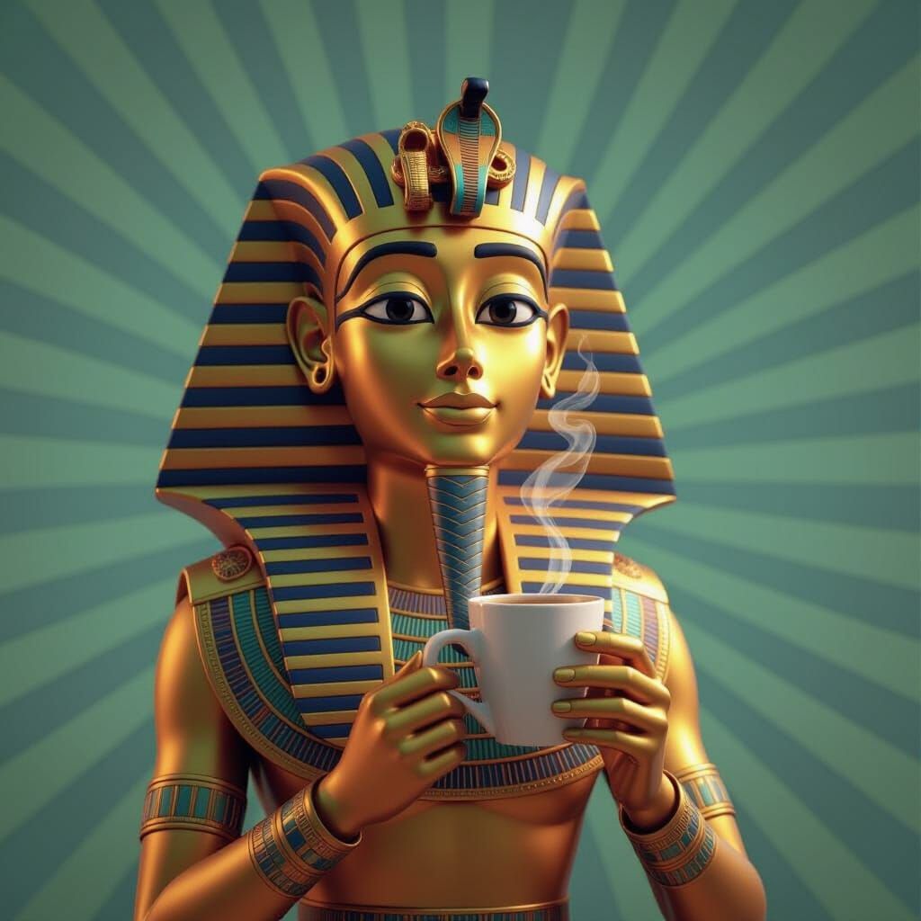 Tutankhamun Enjoys Coffee in Pixar 3D Art Style