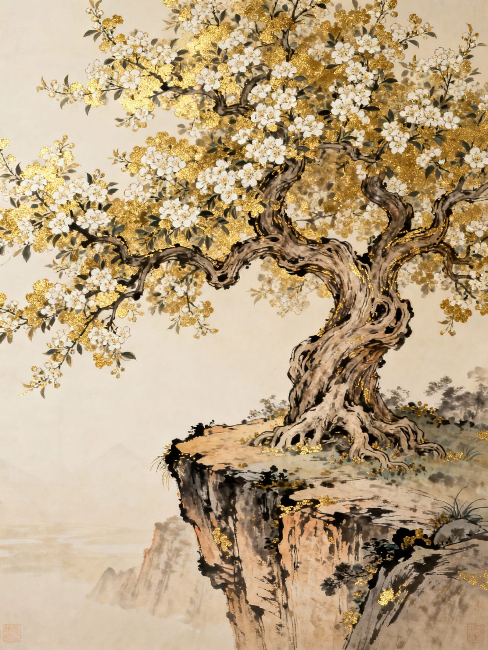 Ancient Golden Flowering Tree in Gongbi Style