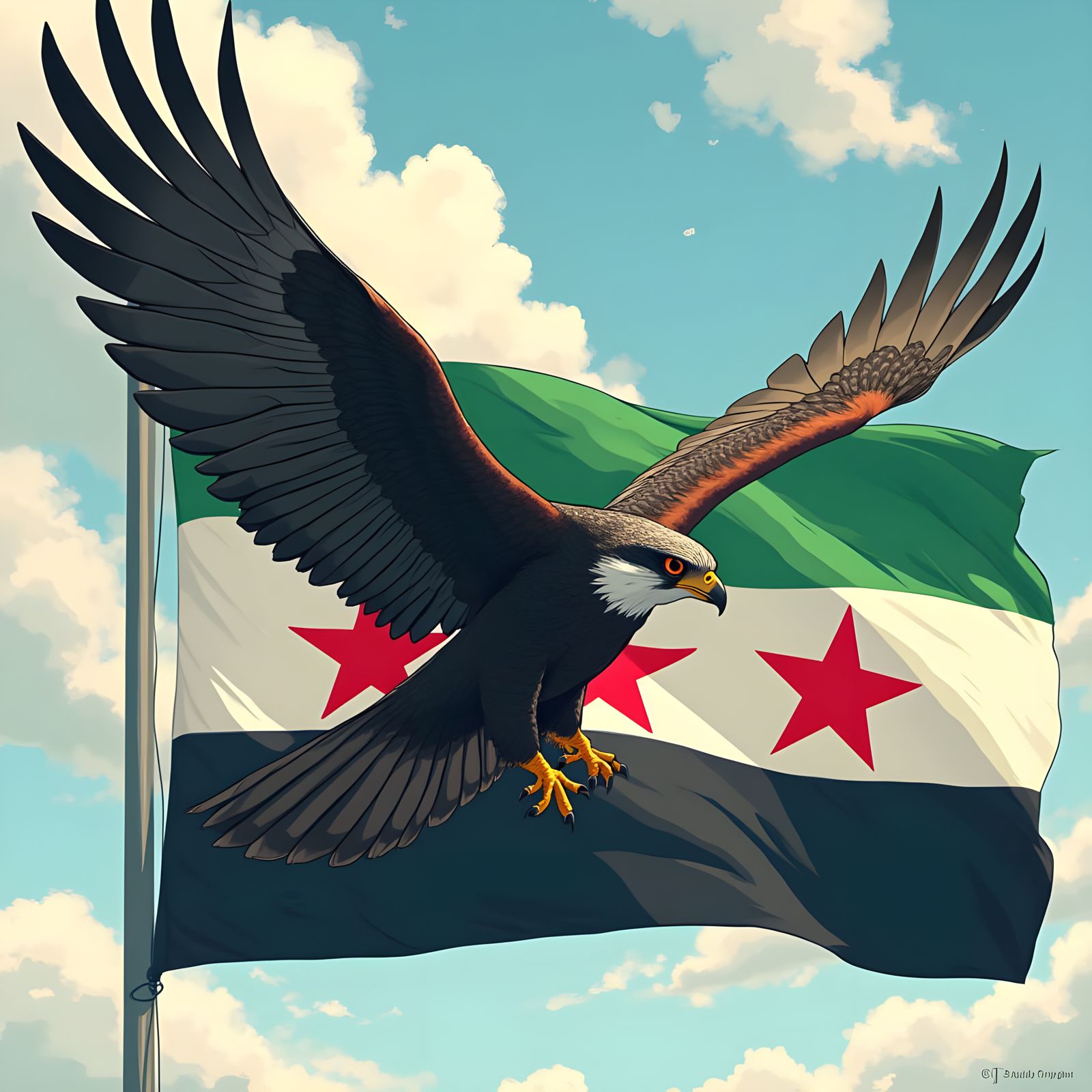 Syrian Freedom Flag with Peregrine Falcon in Anime Style