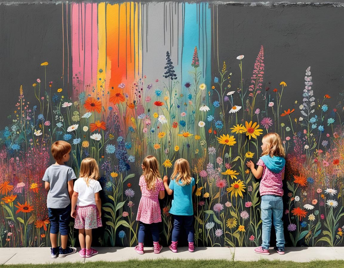 Children Create Whimsical Pastel Wildflower Meadow on Concre...