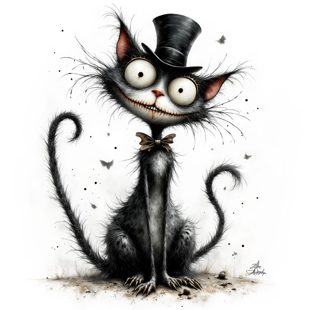 Creepy Whimsical Cat in Tim Burton Style