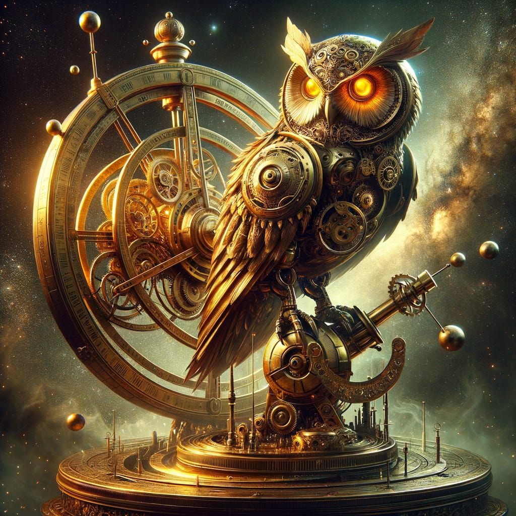 Mechanical Owl on Brass Astrolabe in Cosmic Nebula