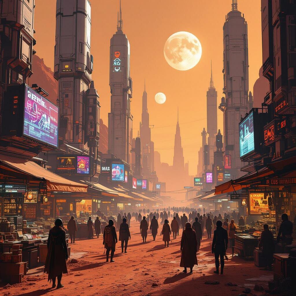 Cyberpunk Mars Marketplace with Alien Species