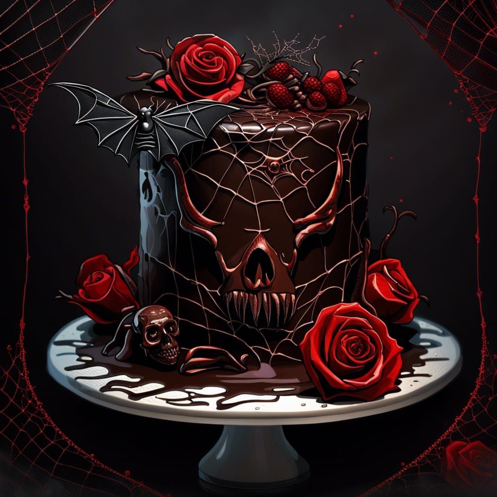Dark Chocolate Cake with Gothic Decorations in Ink Art