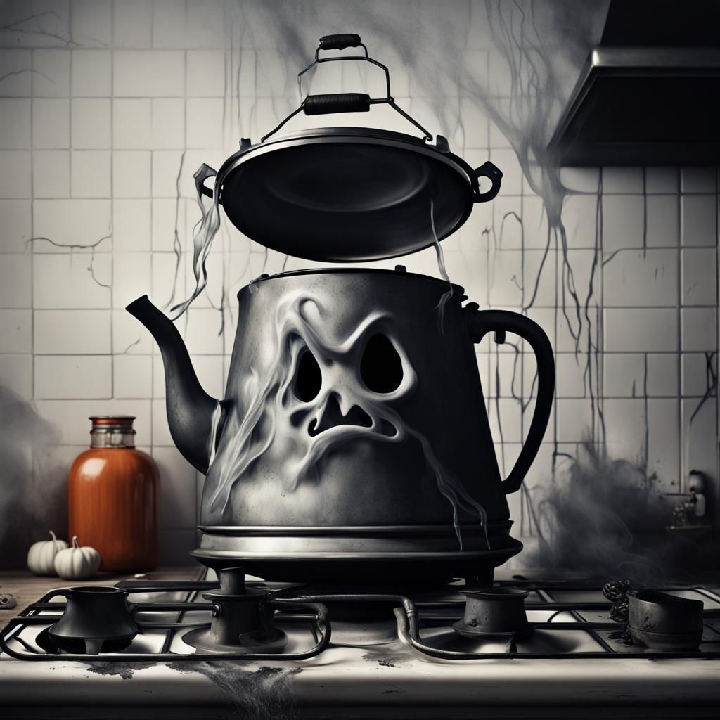 Sinister Ghost Kettle in Haunted Kitchen