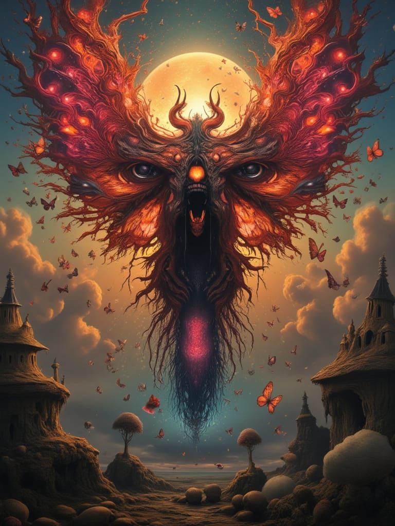 Man Mutation with Peacock and Fractal Face in Dreamscape
