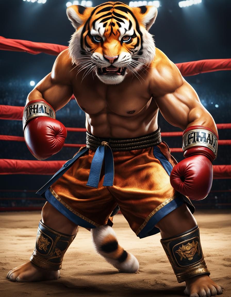 Angry Tiger Cub in Muay Thai Uniform, Comic Book Style