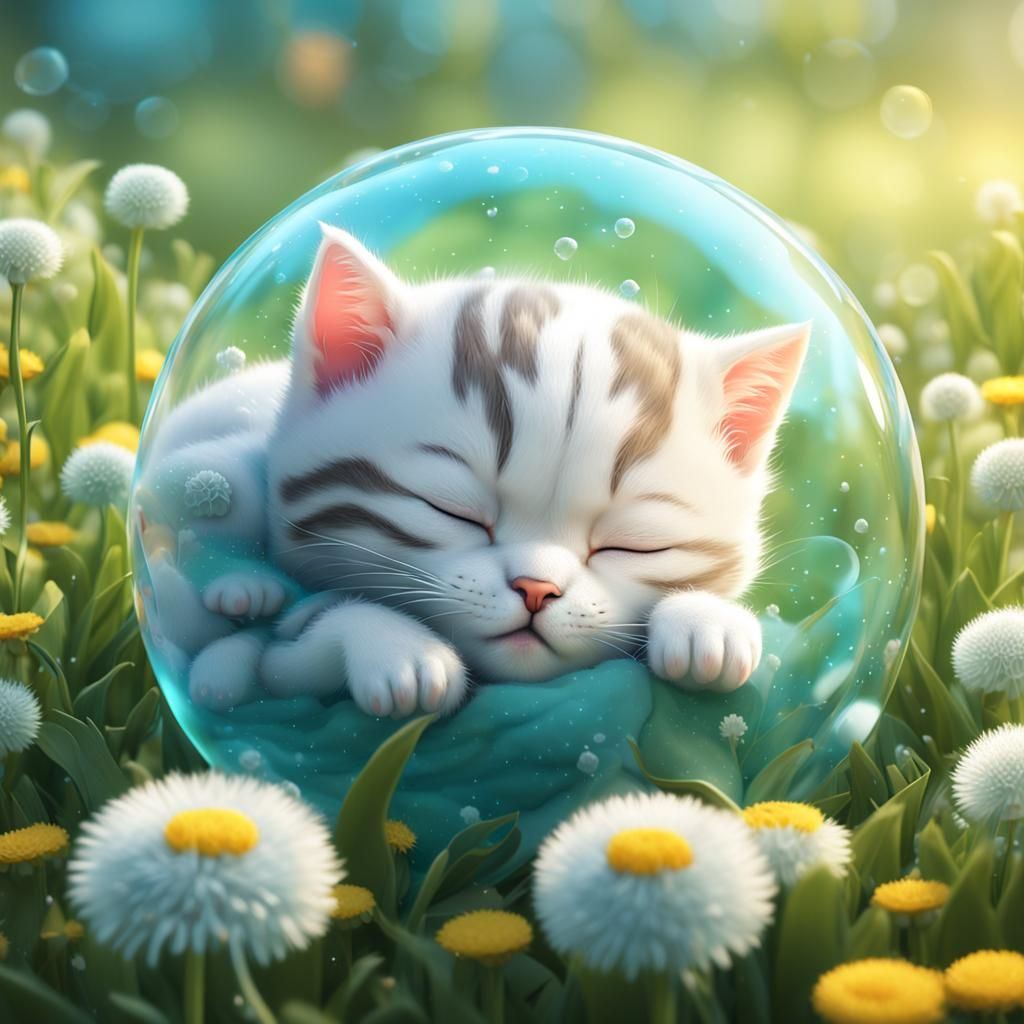 Kitten Sleeping in Bubble: 3D Digital Art