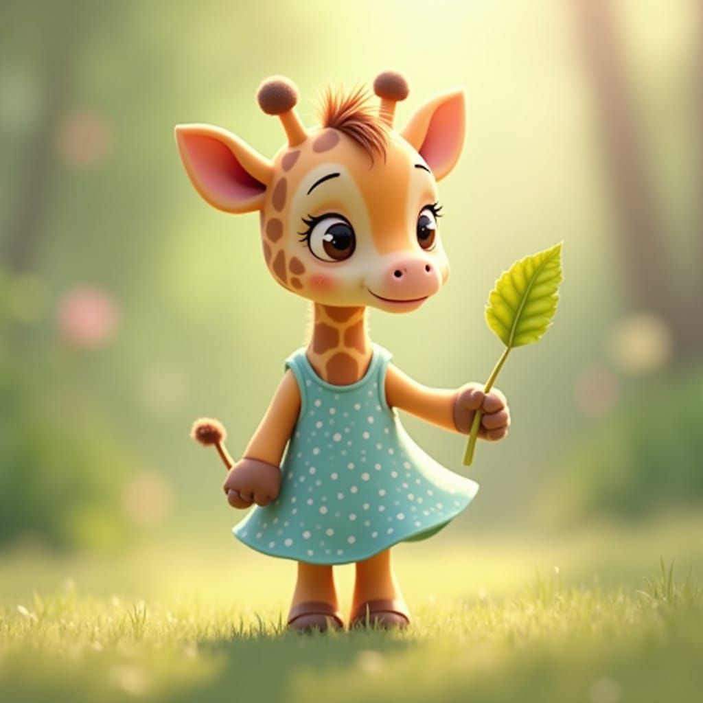 Cute Baby Giraffe in Polka Dot Dress, Pixar Style