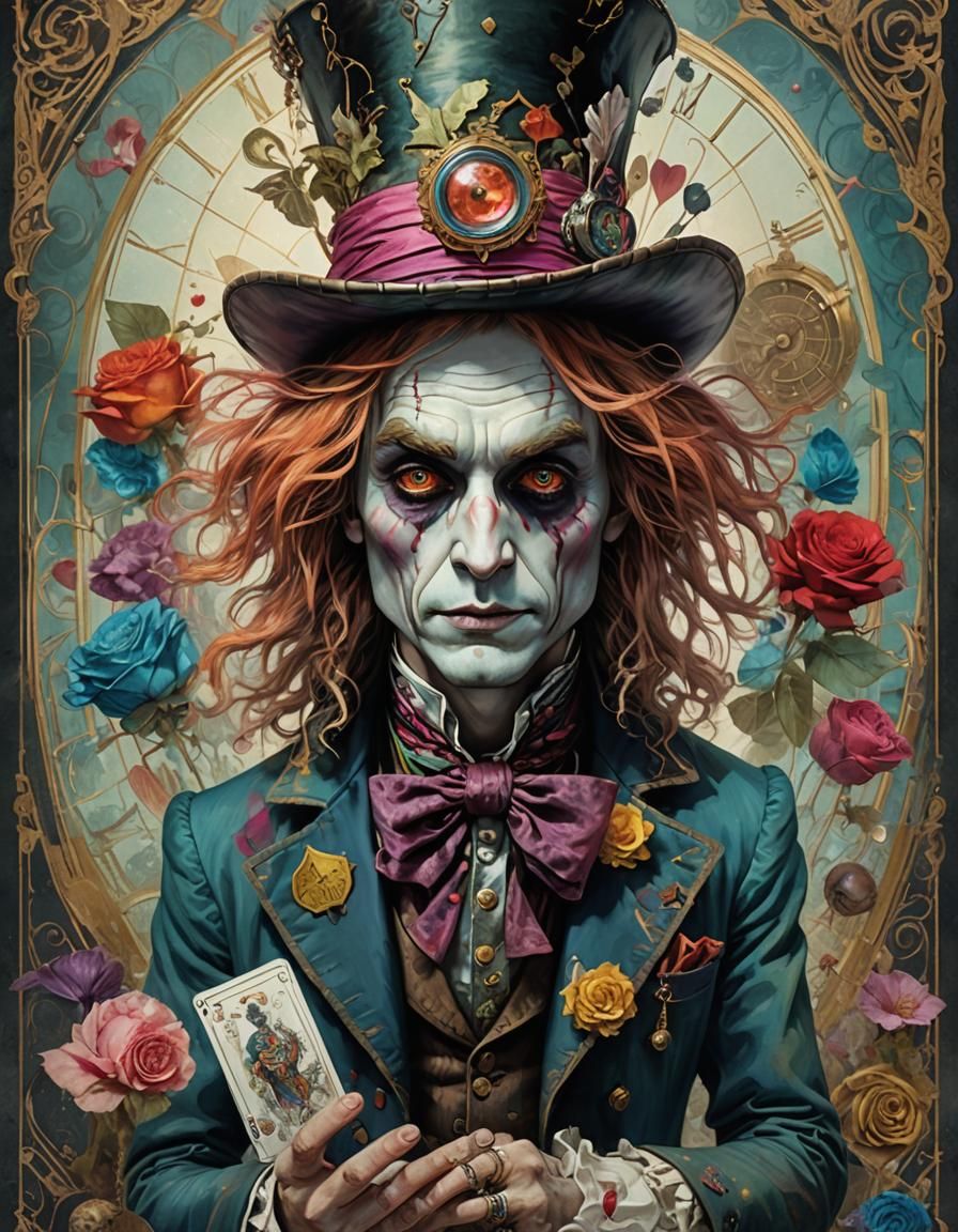 Mad Hatter Tarot Card in Art Nouveau Style