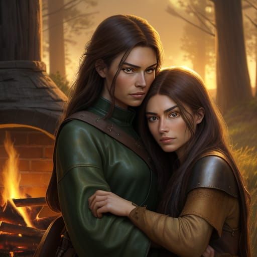 Western Mother and Daughter by Fire, Oil Painting Style