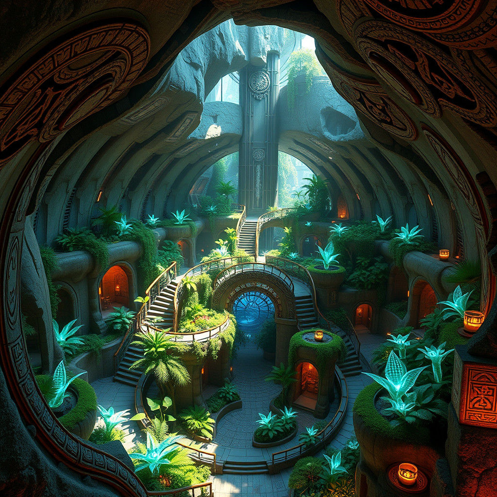 Futuristic Underground City with Ancient Mystical Carvings