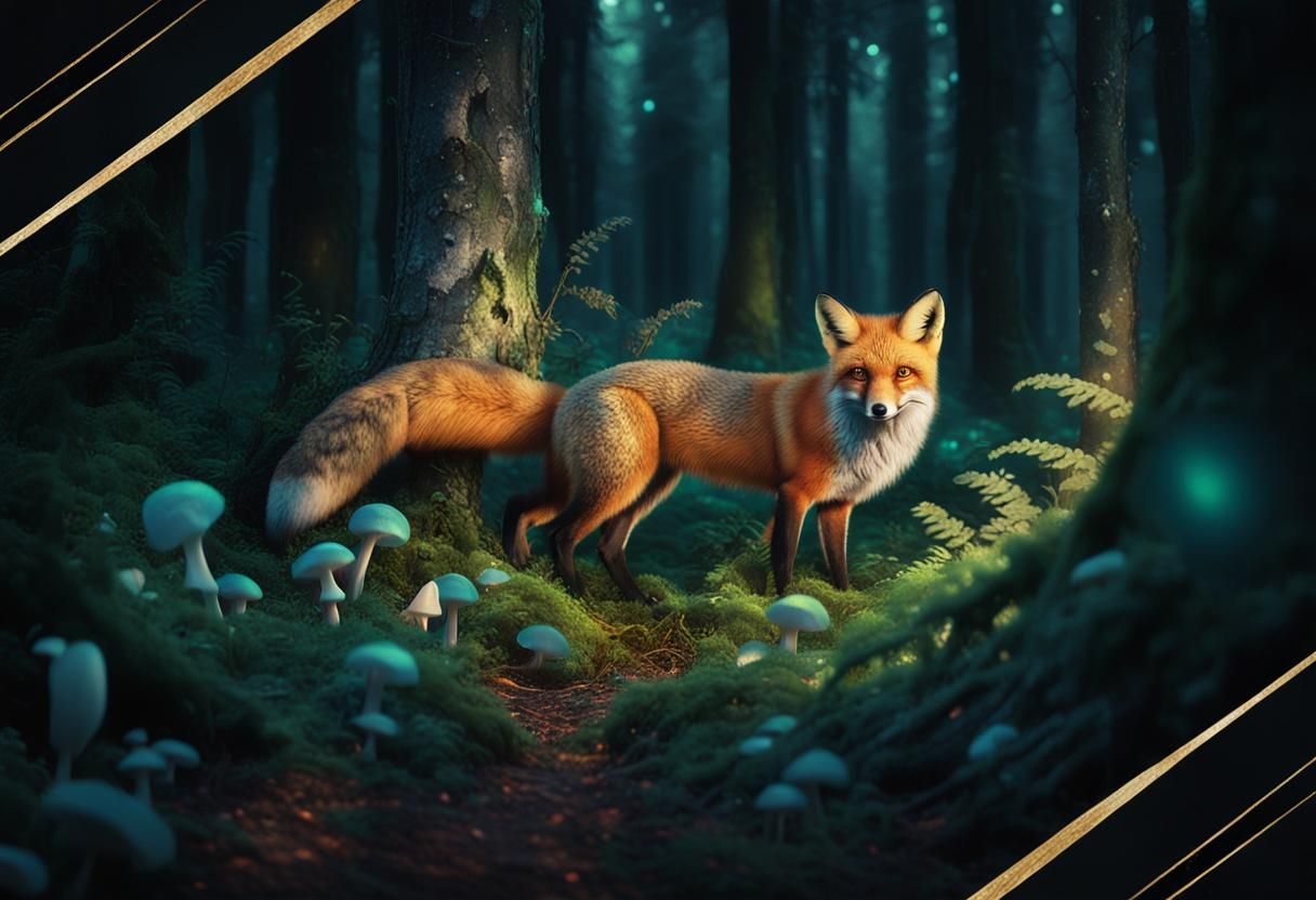 Enchanted Forest: Fox and Glowing Mushrooms in Fantasy Art