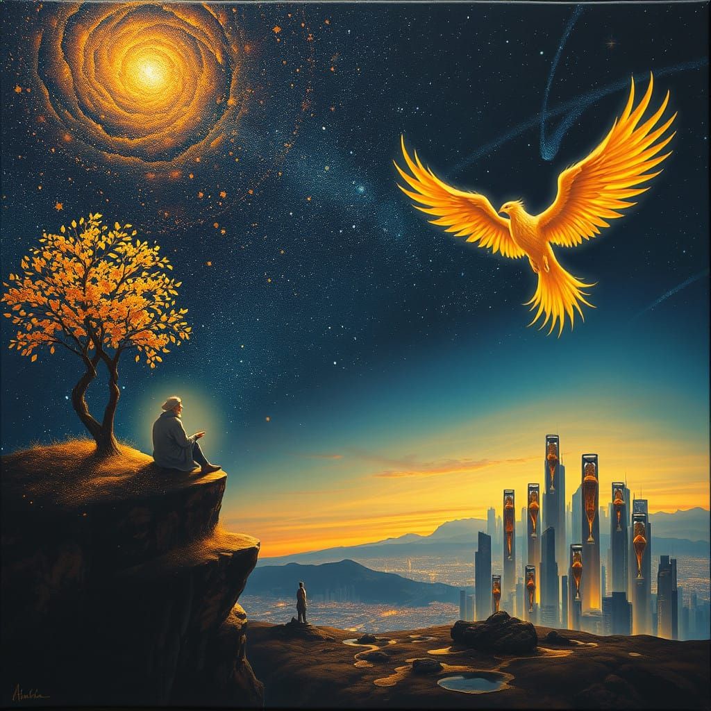 Ethereal Being Contemplates Cosmic Infinity Amid Melting Cit...