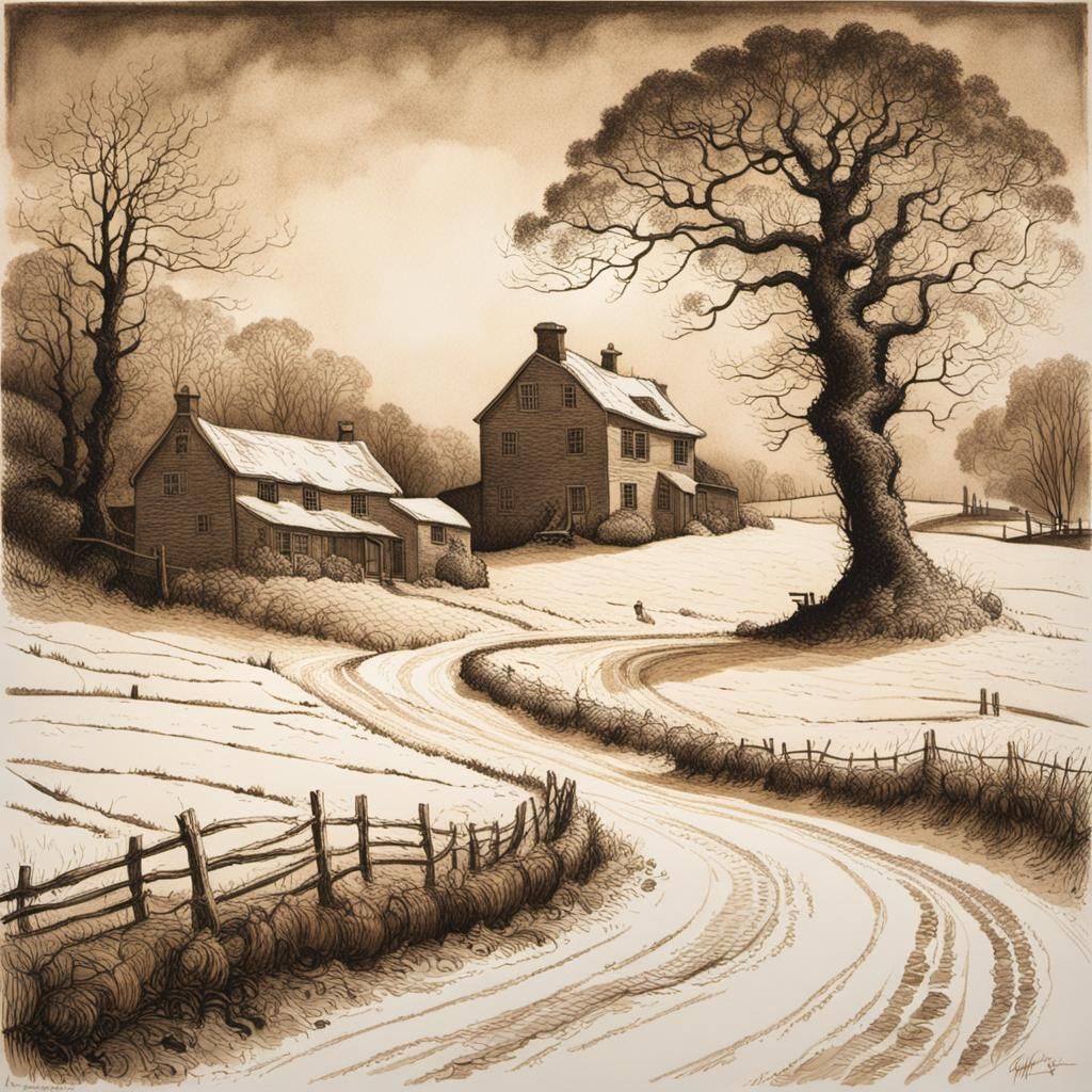 Farmhouse Landscape Etching in Rembrandt Style