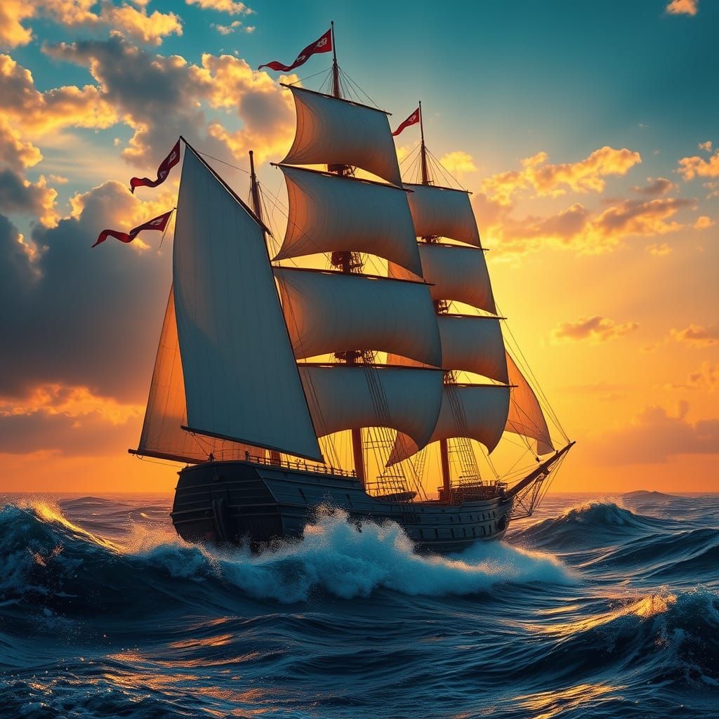 Majestic Ocean Ship at Sunset in Vibrant Matte Painting