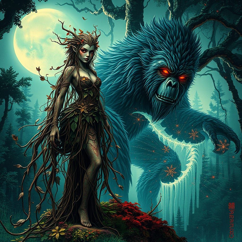Ethereal Dryad Confronts Digital Sasquatch in Fractal Geomet...