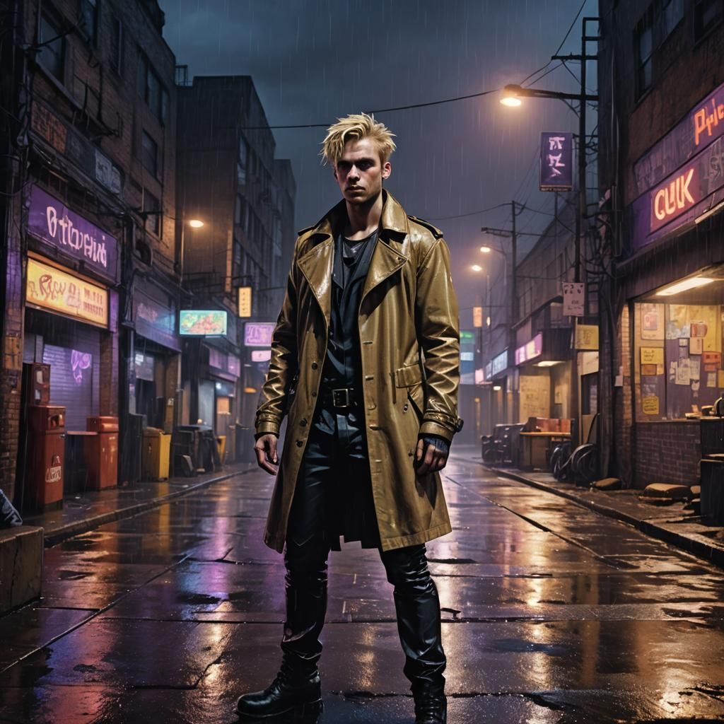 Punk Man in Rainy Loading Bay: Dark Fantasy Art