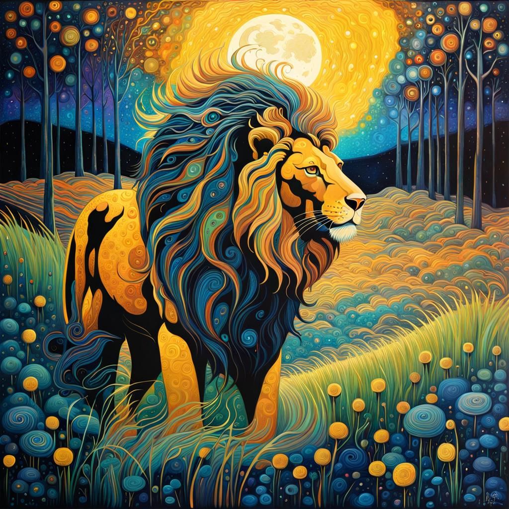 Golden Lion in Bioluminescent Savannah, Iridescent Ink Art