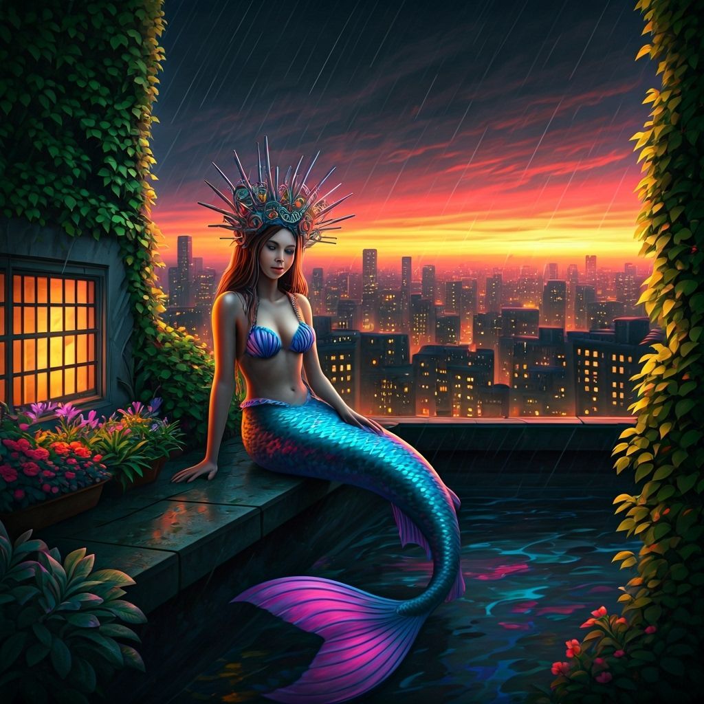 Mermaid on City Rooftop Garden at Twilight