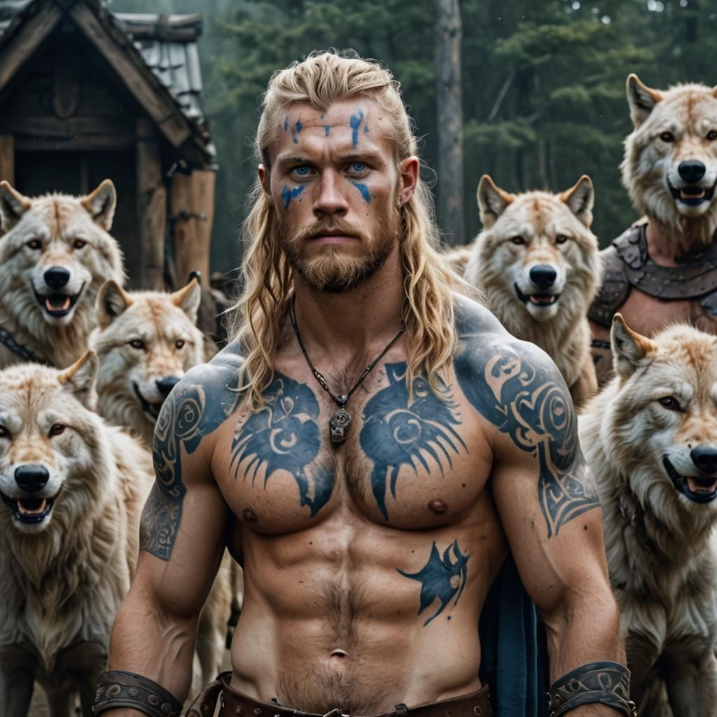 Viking Warrior with Wolves: Professional Color Portrait