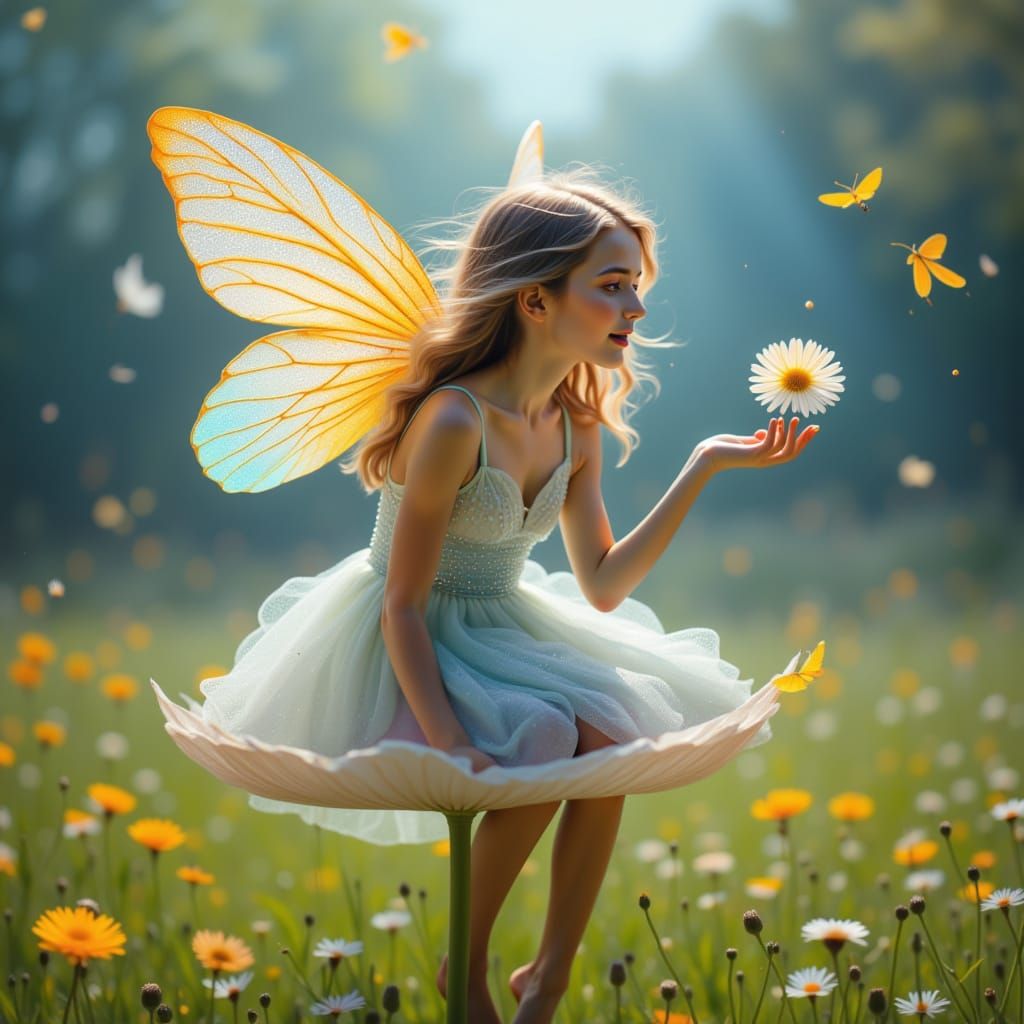 Whimsical Fairy on Giant Dandelion in Sunlit Meadow