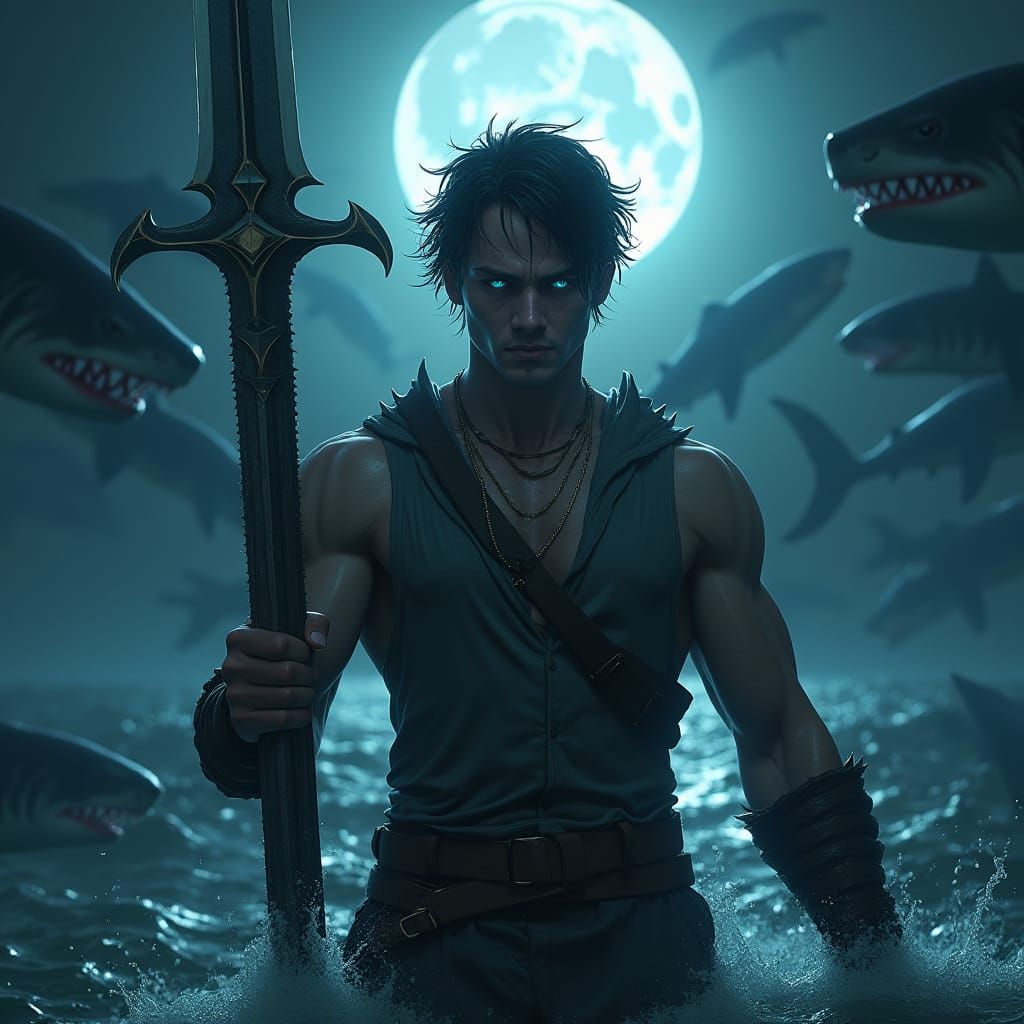 Warrior with Shark Tooth Sword in Dark Waters