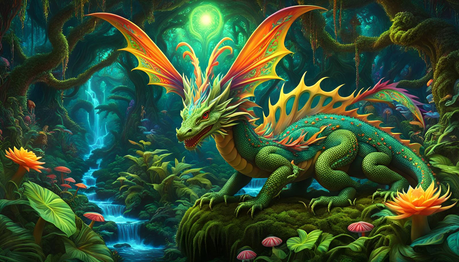 Psychedelic Jungle Dragon Guardian in High Fantasy Style