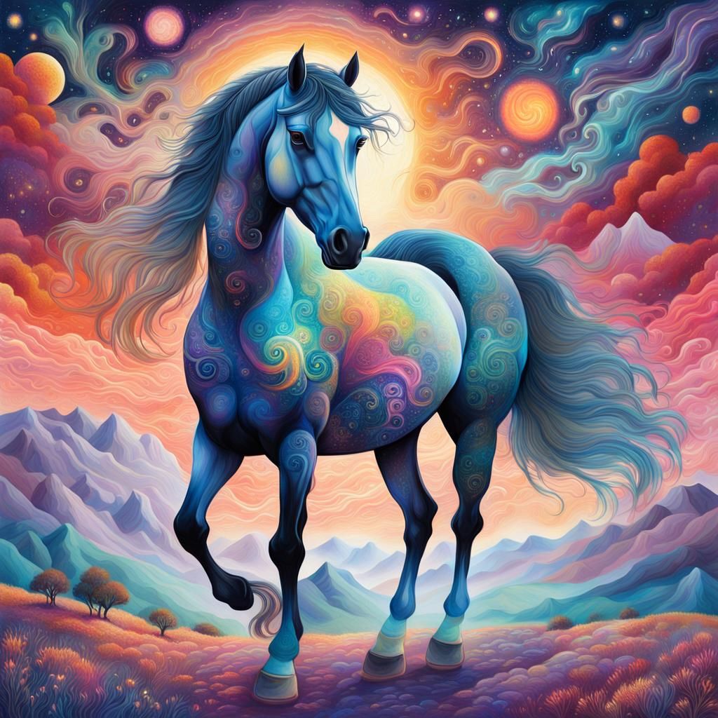 Cosmic Horse in Dreamy Landscape: Mixed Media Illustration