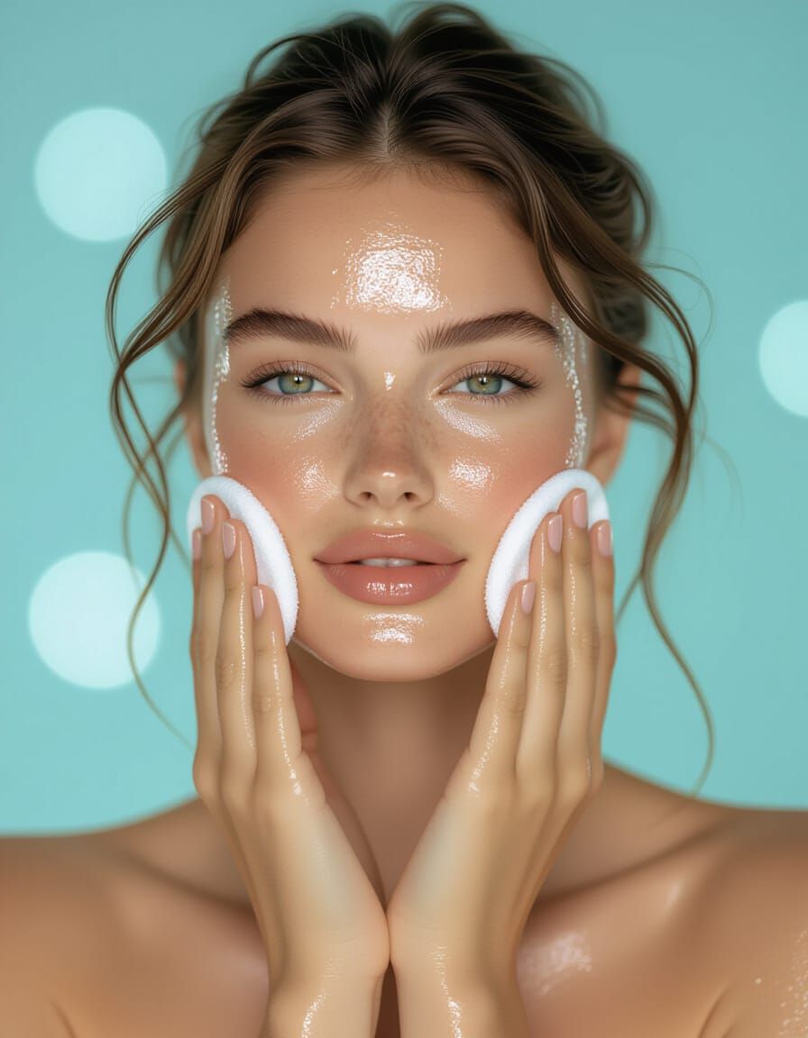 Woman Cleansing Face in Photo Realistic Style