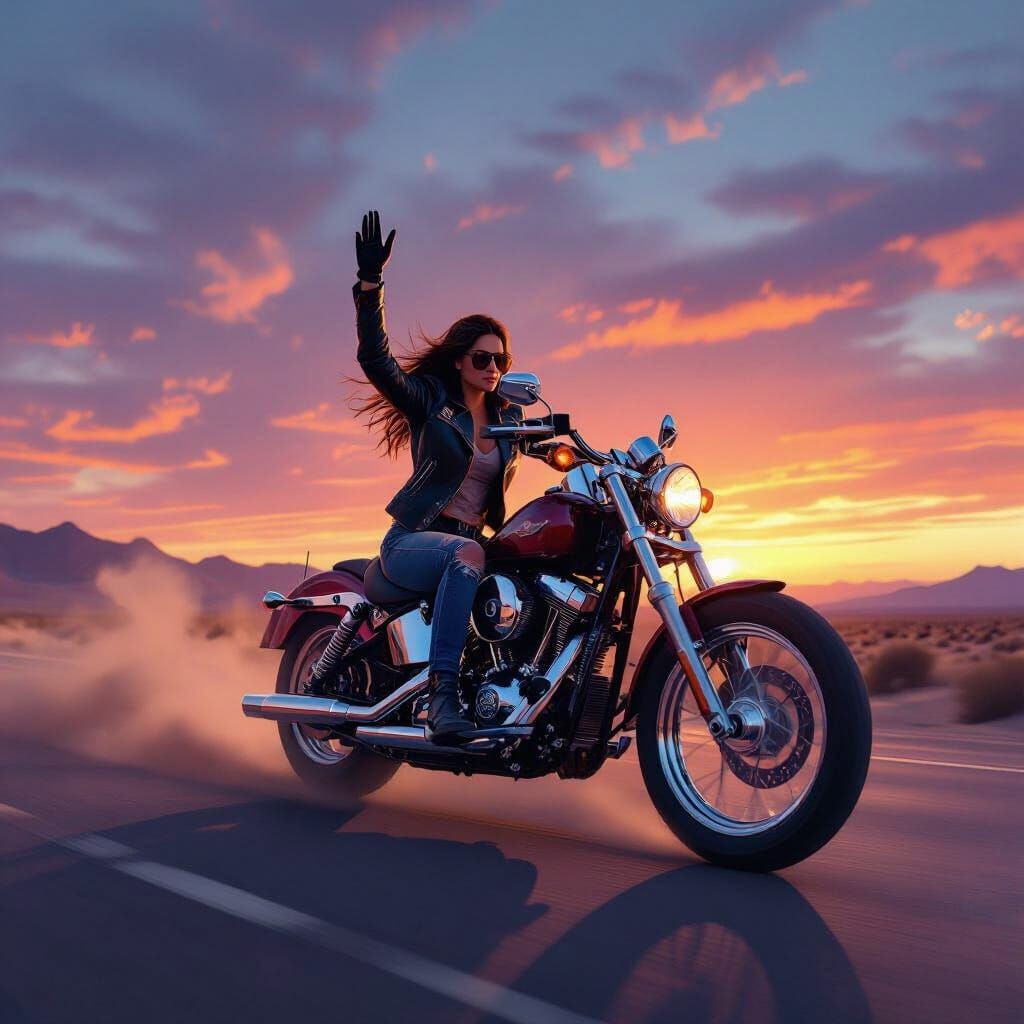 Triumphant Biker on Desert Highway at Sunset