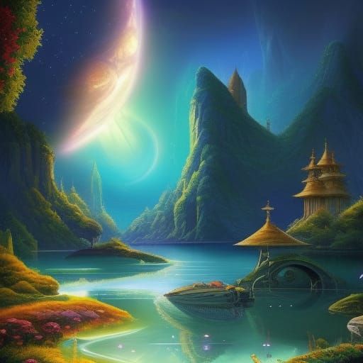 Sci-Fi Alien Zen Garden Under Cosmic Sky