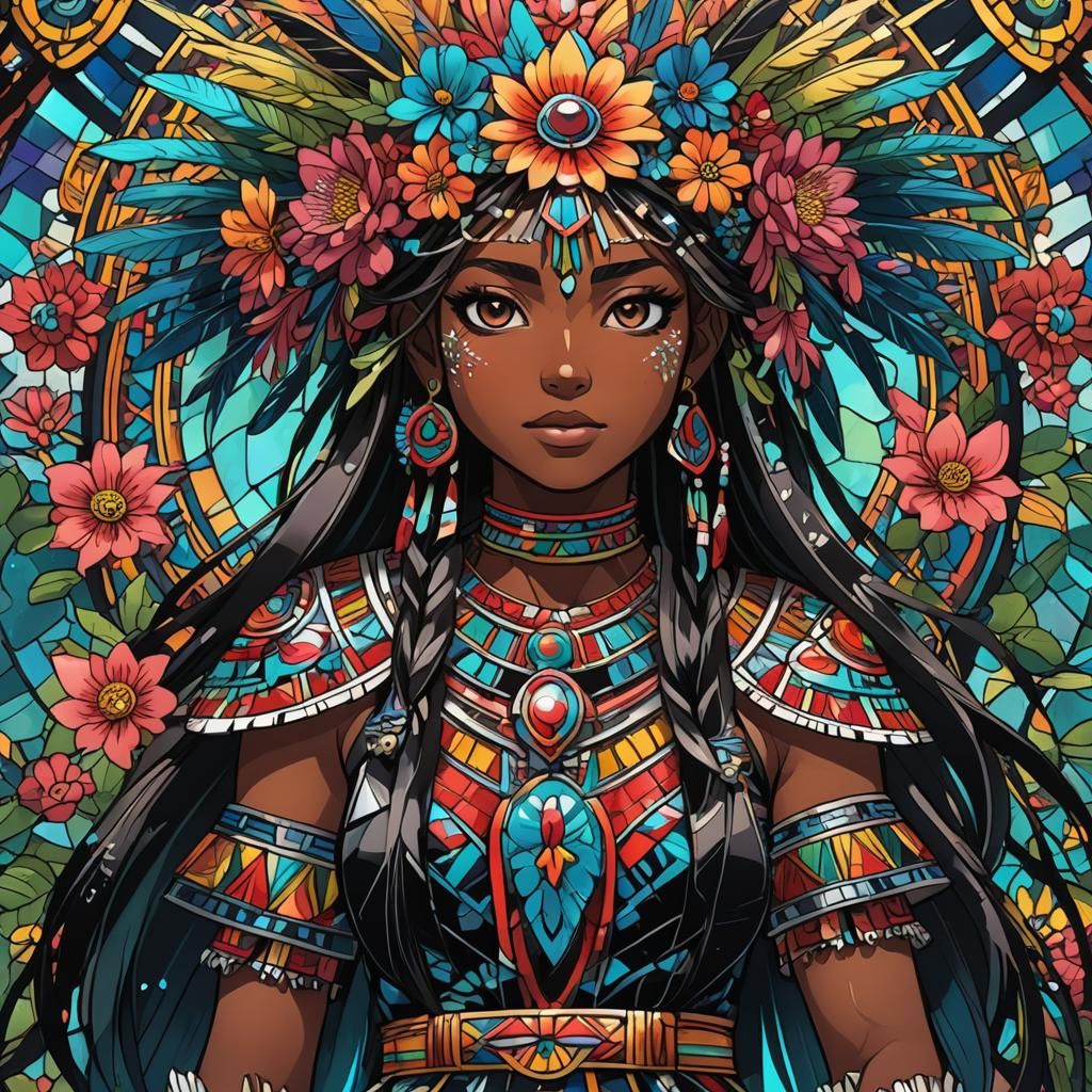 Aztec Girl with Flowers: Vibrant Anime Manga Art