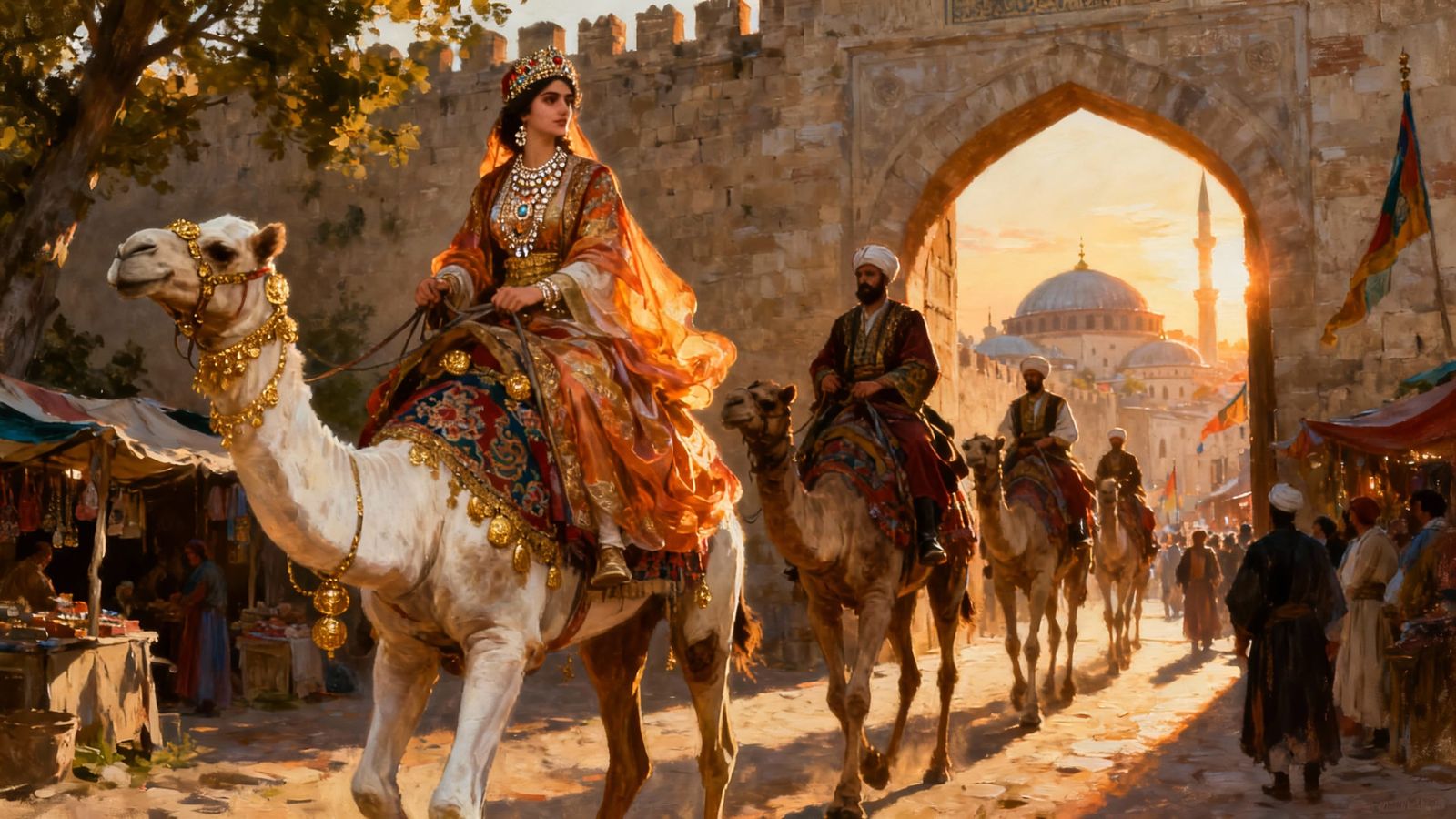 Ottoman Camel Riders Enter City at Sunrise