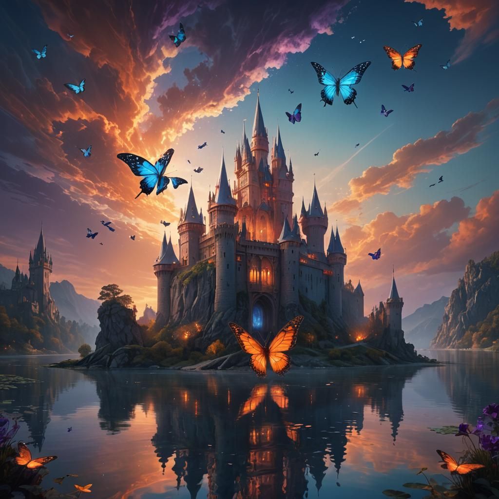 Butterfly Castle on Serene Lake: Fantasy Concept Art