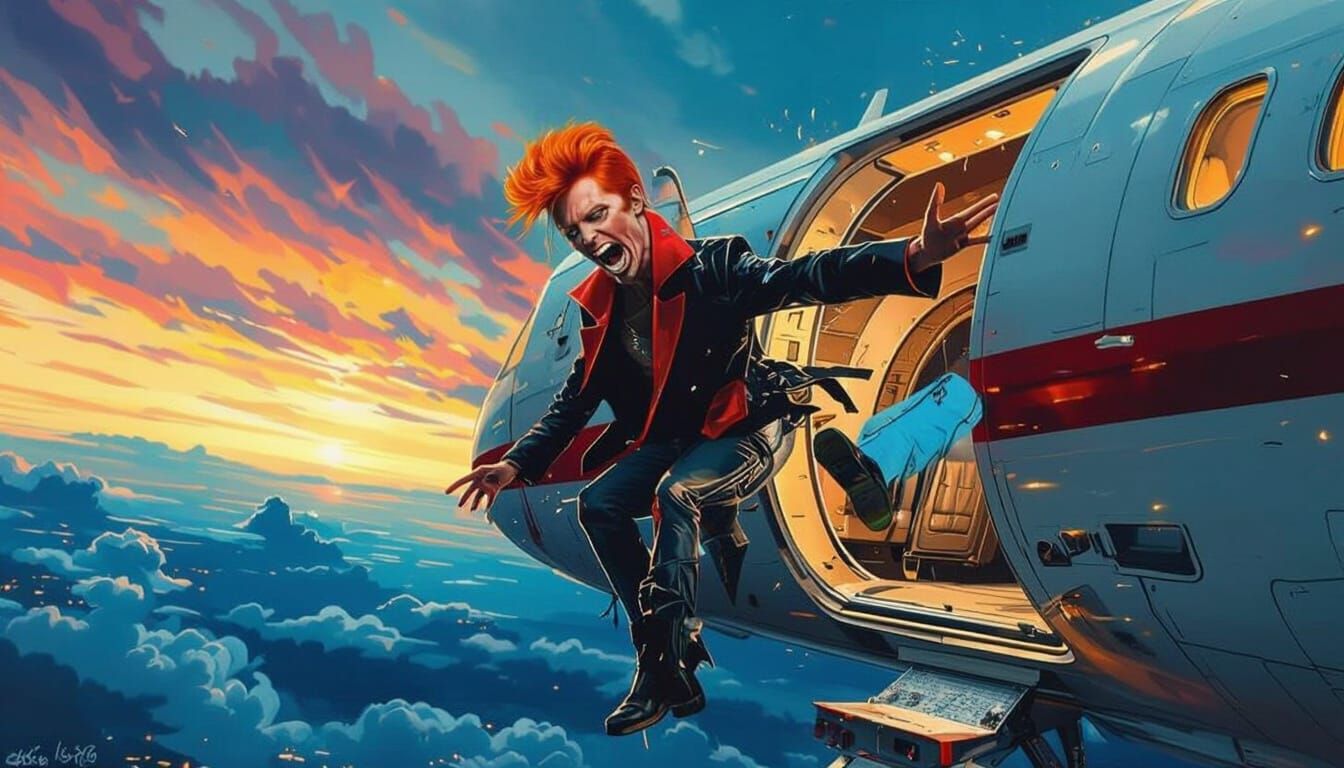 Surreal Concept Art: Terrified David Bowie Falling From Plan...