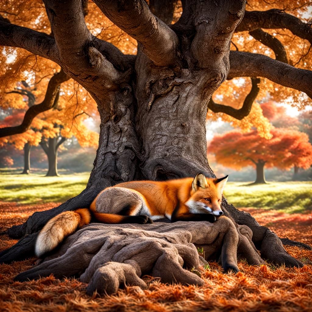 Fox Sleeping Under Oak Tree in Autumn