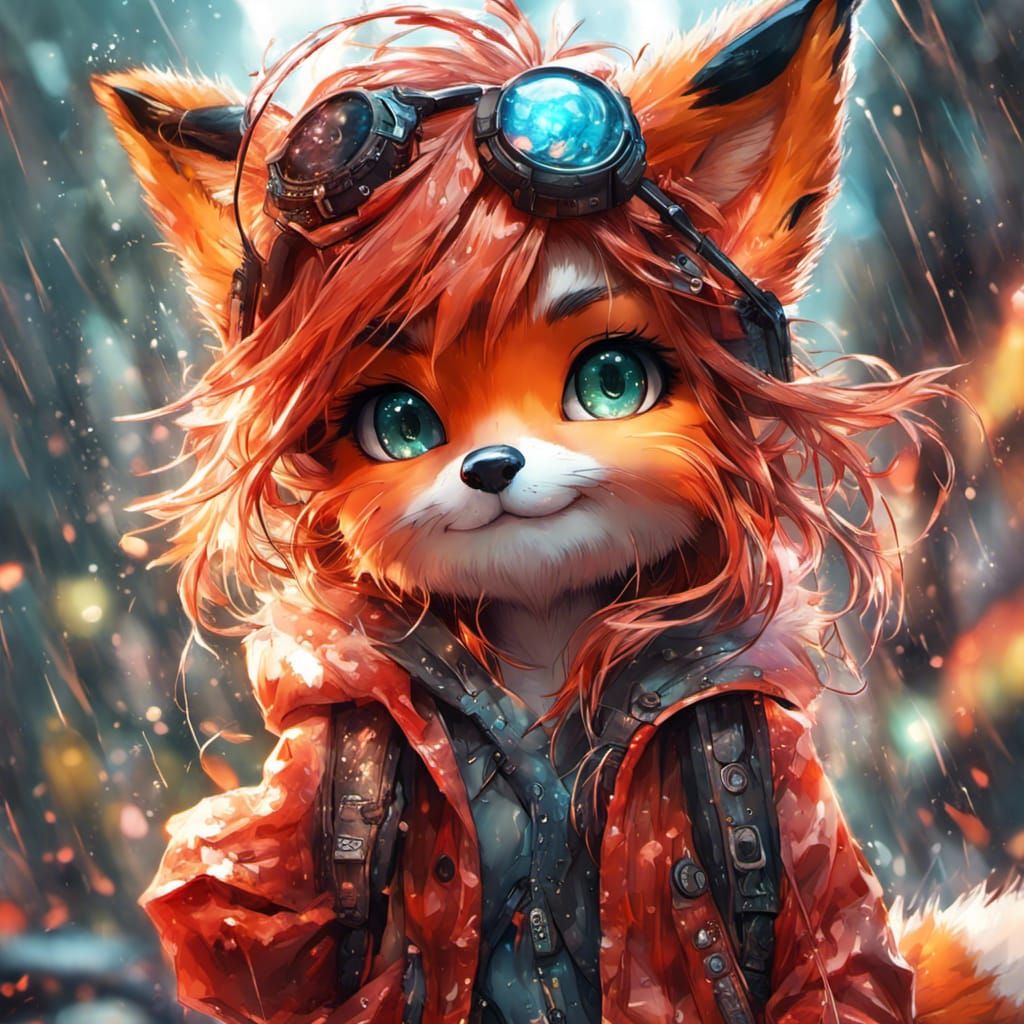 Chibi Red Fox in Rain, Detailed 8K Art