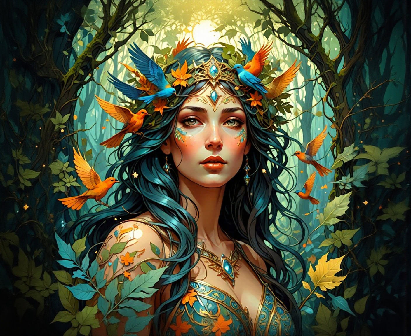 Ghostly Starlight Woman Above Glowing Forest