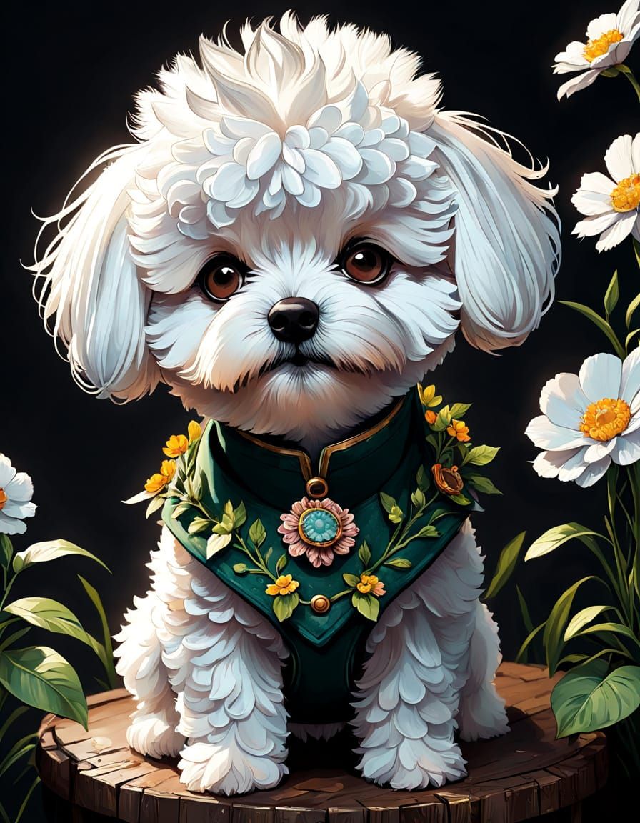 Surreal Digital Painting of Adorable Baby Bichon Frise in Fl...