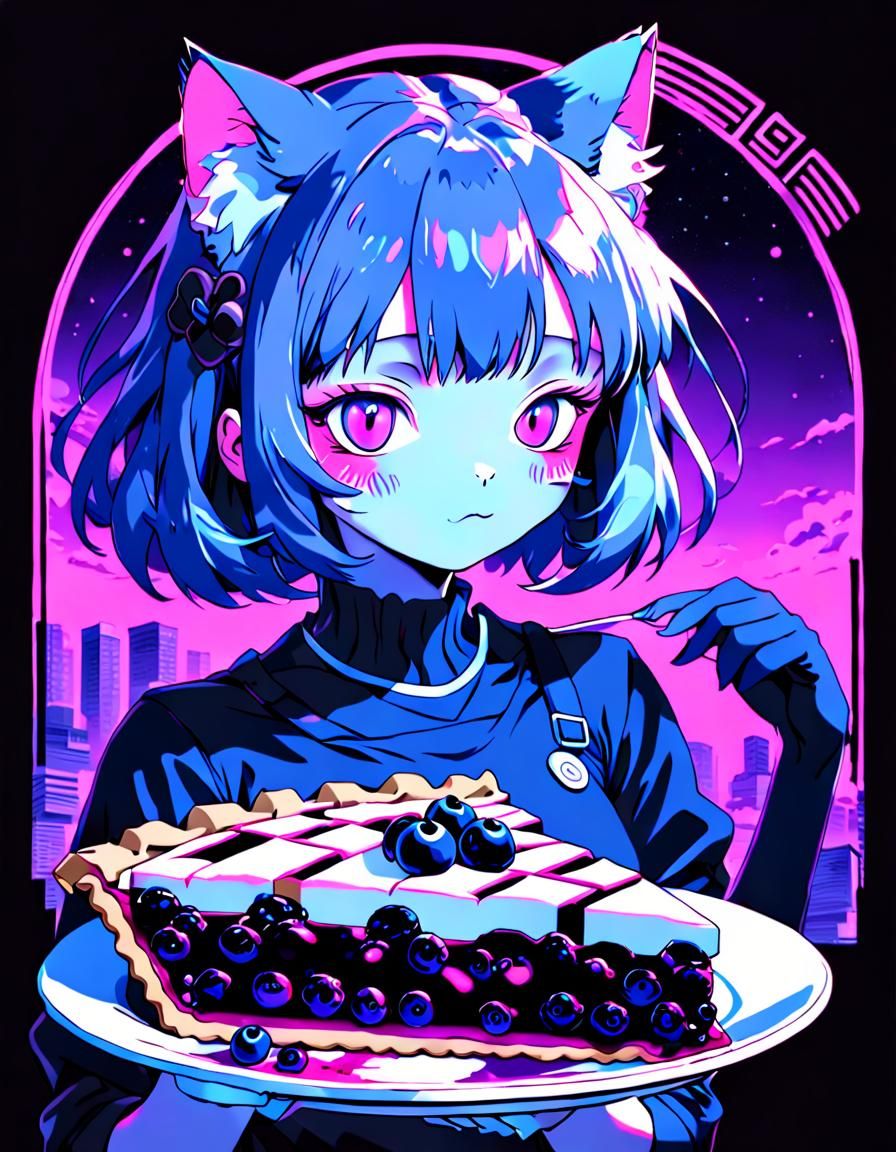 Vaporwave Cat Girl with Blueberry Pie Portrait