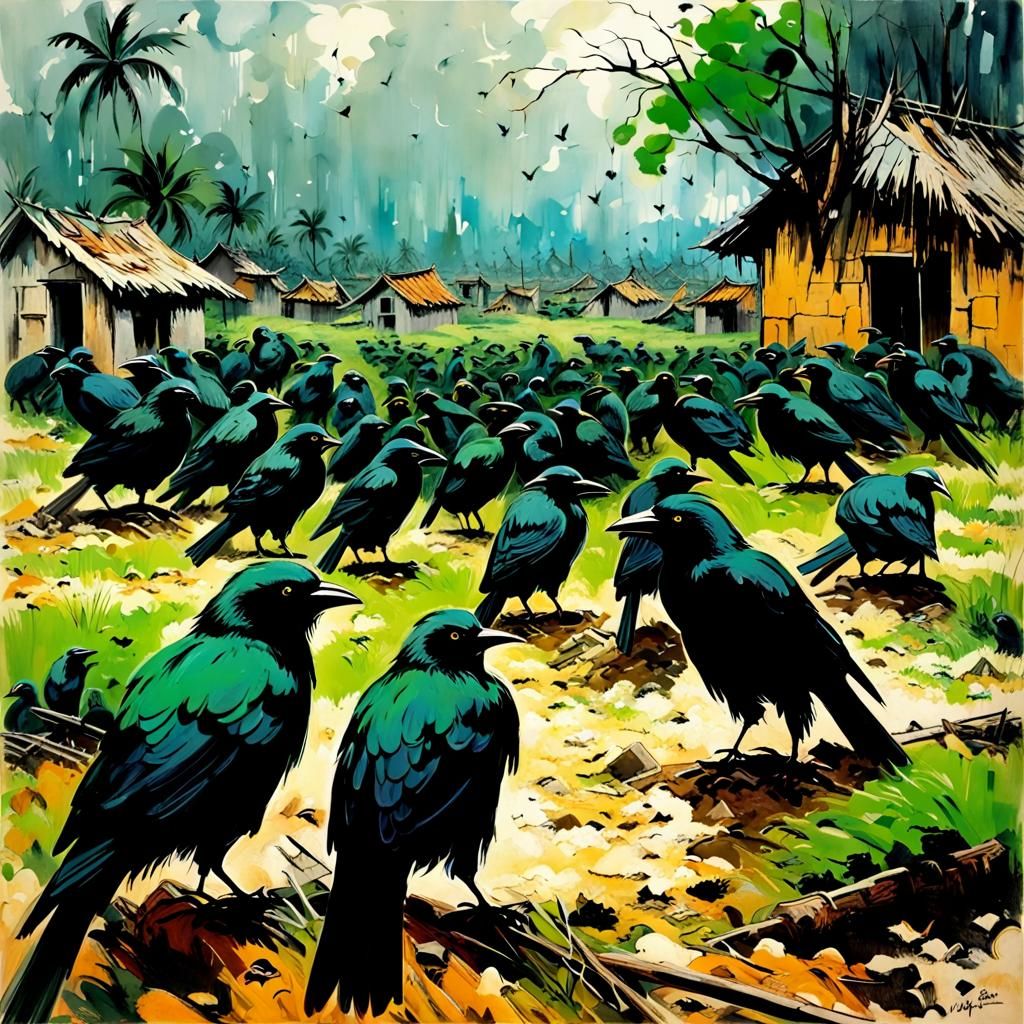 Crows on Helmets: Vietnam War Horror Scene