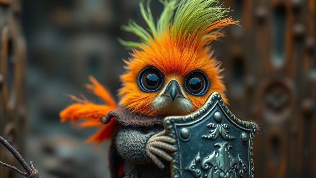 Whimsical Chibi Knight Bird in Gothic-Punk Fantasy