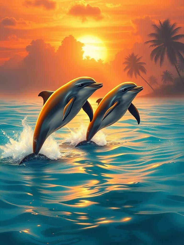 Tropical Dolphins in Golden Light of Sunset
