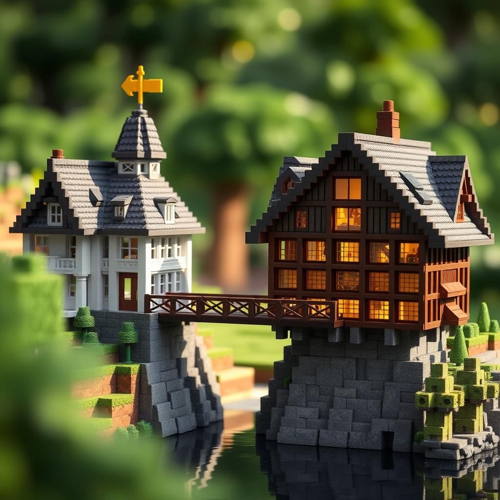 Minecraft Buildings Linked by Bridges: Professional Photogra...