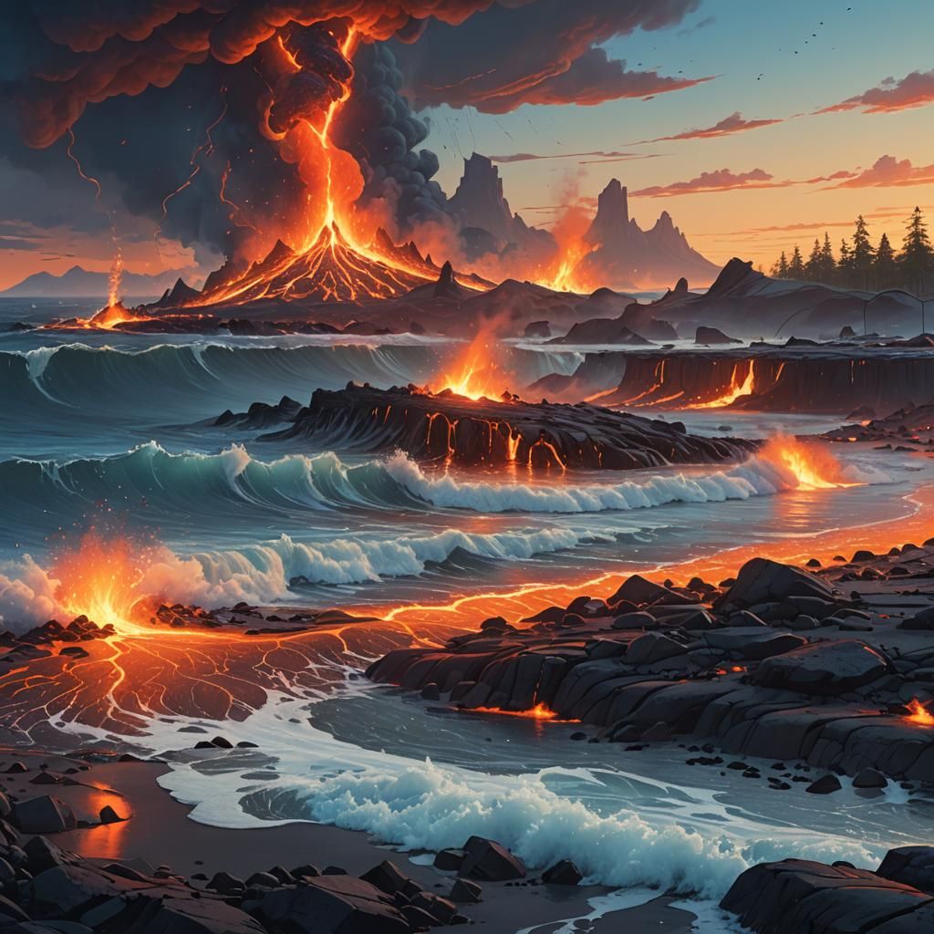 Lava Flowing onto Beach in Fantastical Style