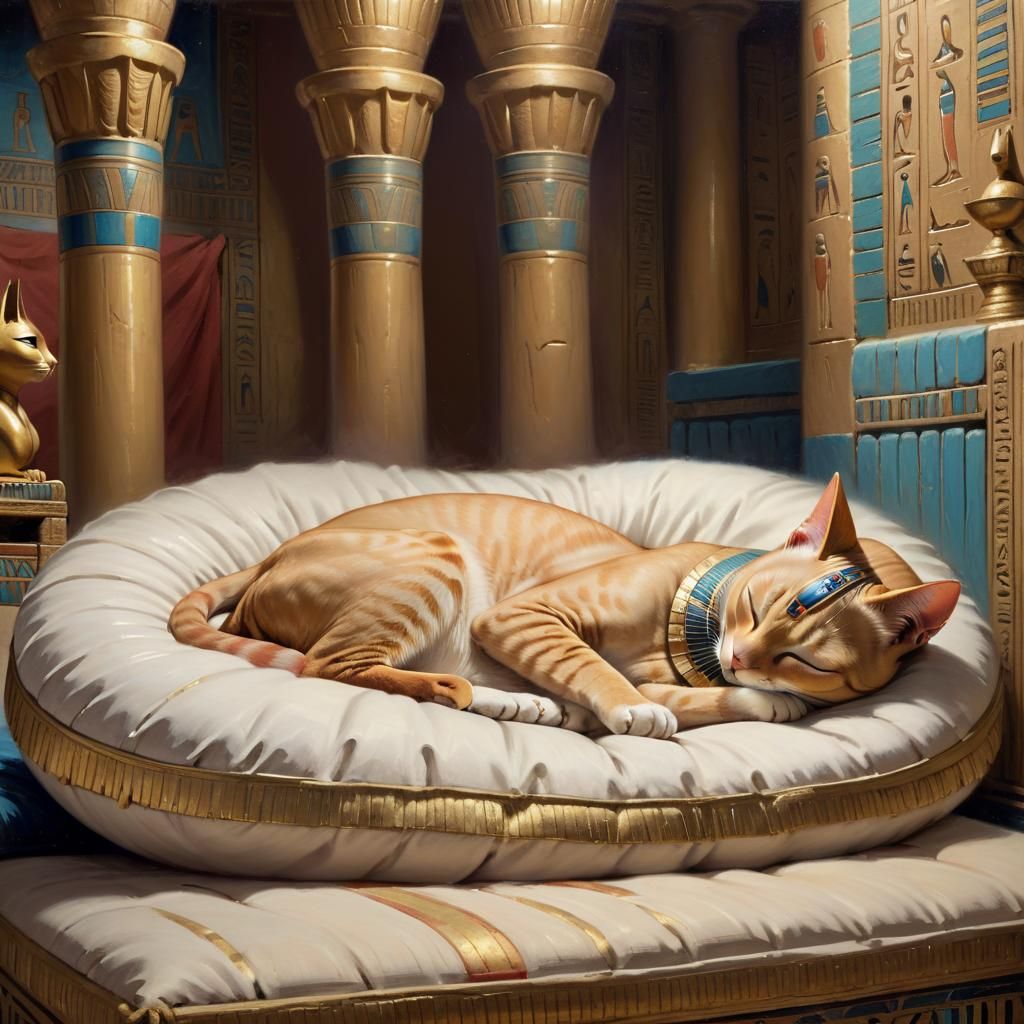 Regal Egyptian Cat Nap in Oil Painting Style